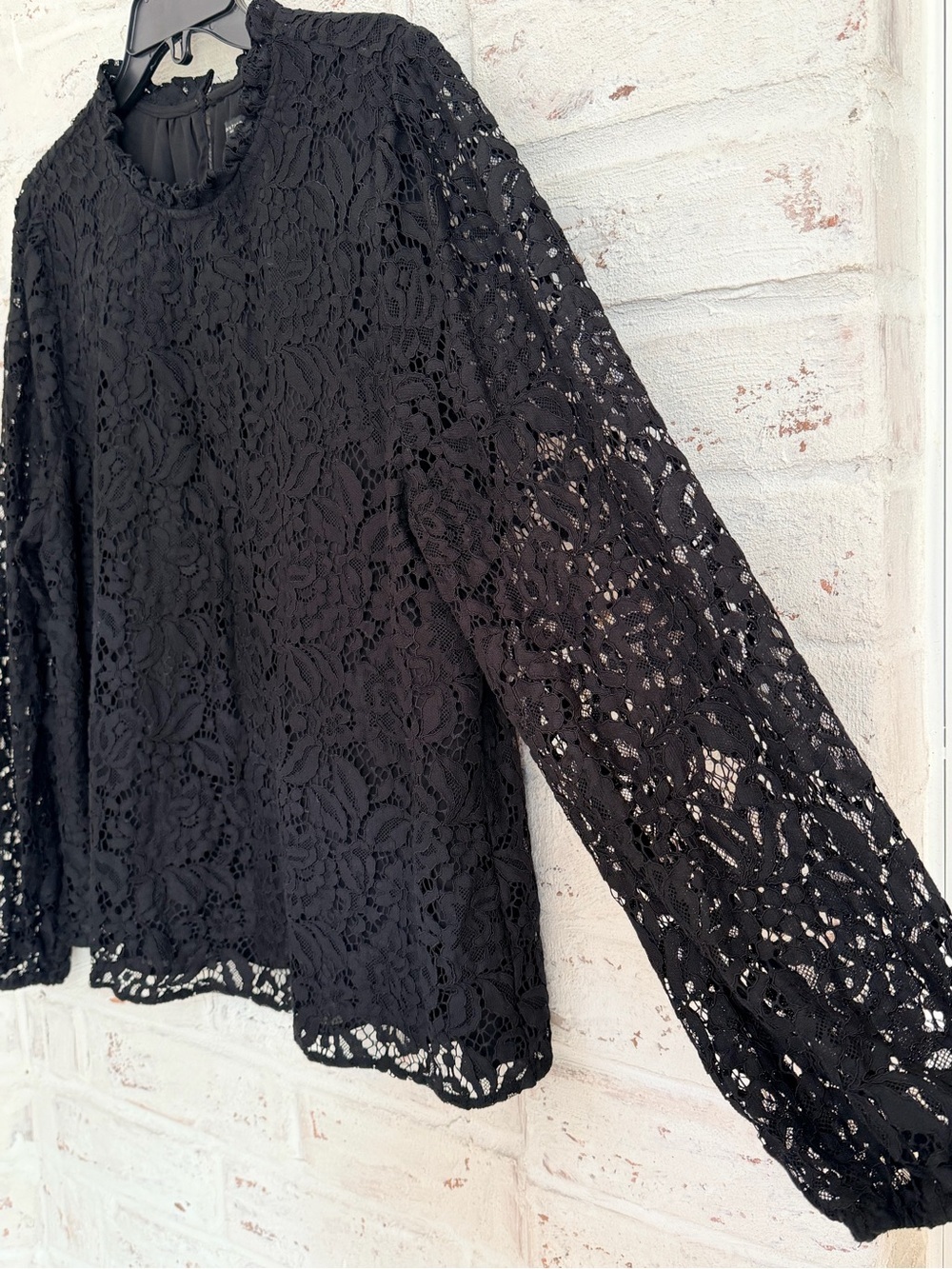 Ann Taylor Factory Black Floral Lace Overlay Blouse Sheer Sleeves XL Elegant Top - Picture 3 of 9